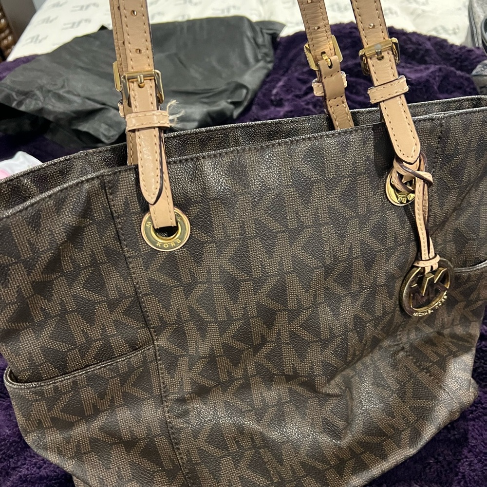 Michael Kors Tan and Brown Shoulder Bag with Monogram Pattern